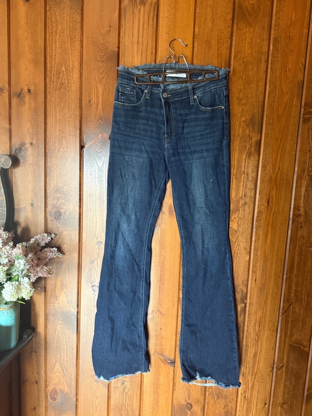 KanCan Dark Blue Flare Jeans with Frayed Hem